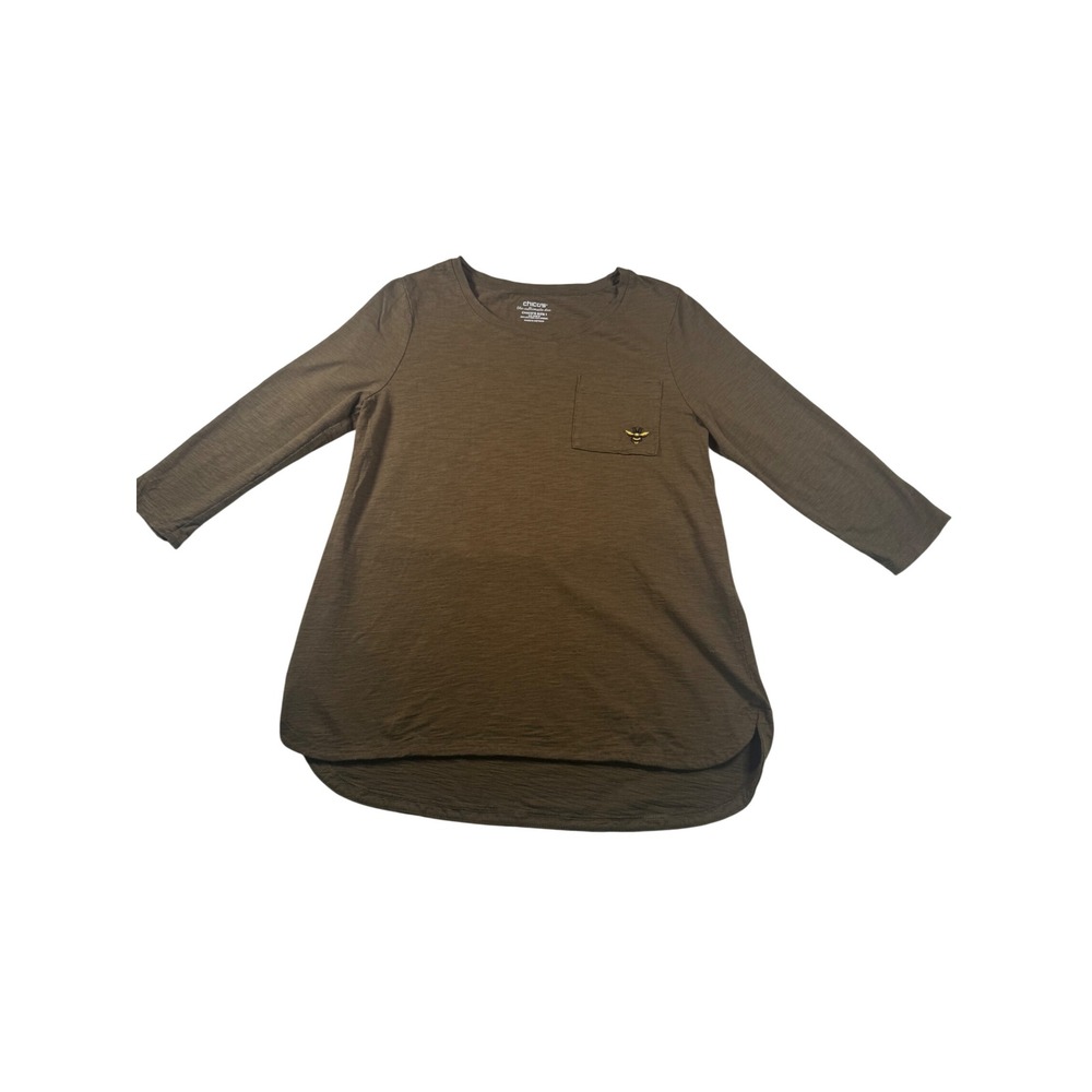 Chicos Ultimate Tee Olive Green Bee Embroidered Pkt 3/4 Sleeve Top Chico Size 1